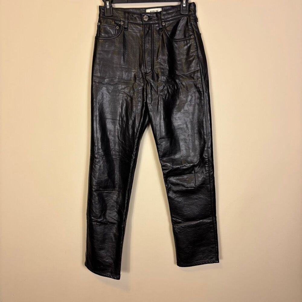 Agolde Women's 90's Pinch Waist Black Leather Skinny Leg Pants Size 24‎